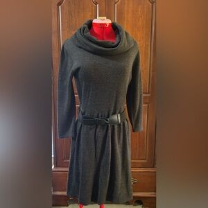 AB Studio Black Long-Sleeve Knit Dress with Waist Belt